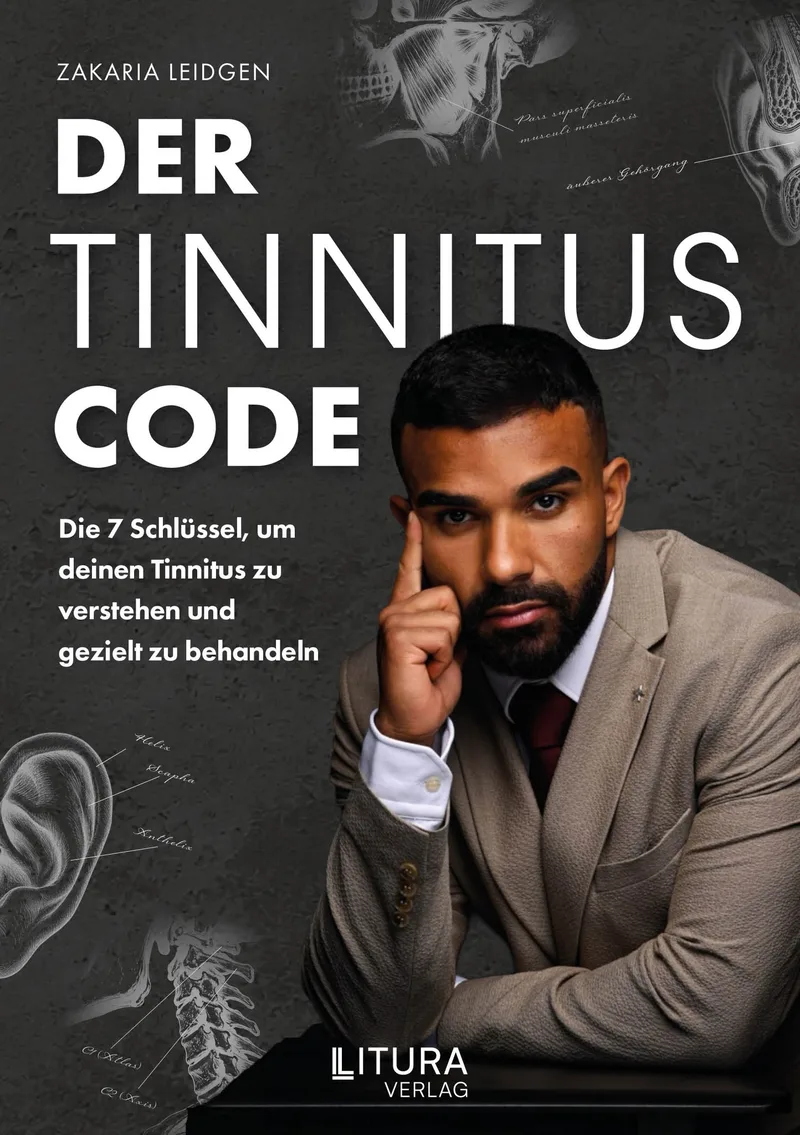 Buchcover „Der Tinnitus Code“ von Zakaria Leidgen, Litura Verlag: Zeki im beigen Anzug vor dunklem Grund mit Anatomie-Skizzen von Ohr, Kaumuskel und Halswirbeln